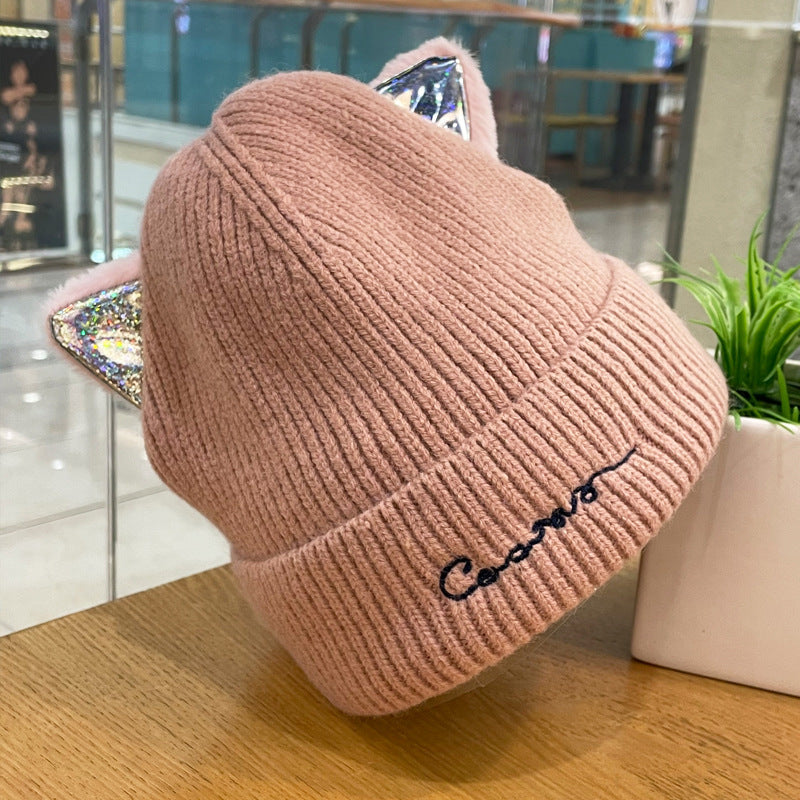 Cute Cat Mi Ear Wool Double-layer Embroidery Knitted Hat