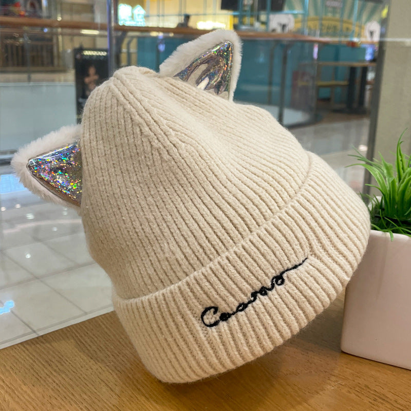 Cute Cat Mi Ear Wool Double-layer Embroidery Knitted Hat