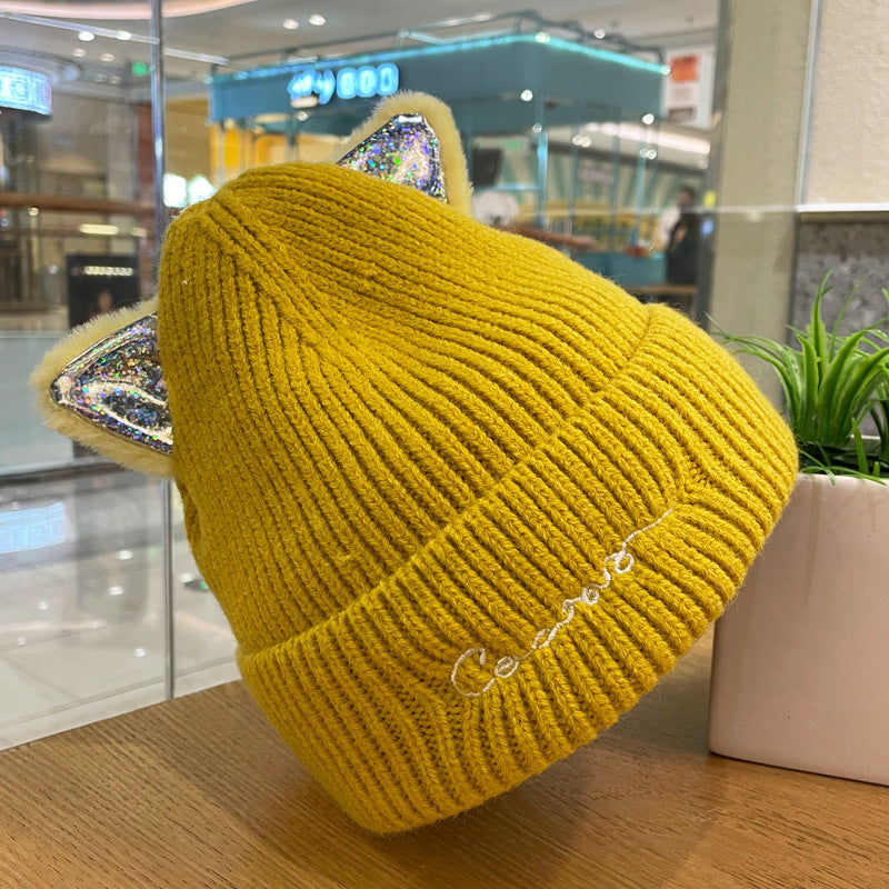 Cute Cat Mi Ear Wool Double-layer Embroidery Knitted Hat