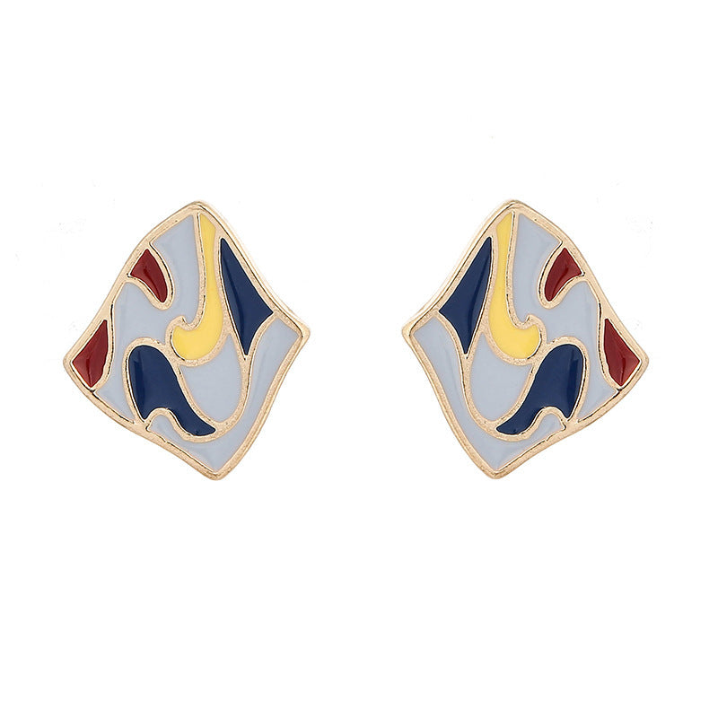 Artistic Vintage Court Style Sterling Silver Needle Stud Earrings Dripping Oil Painted