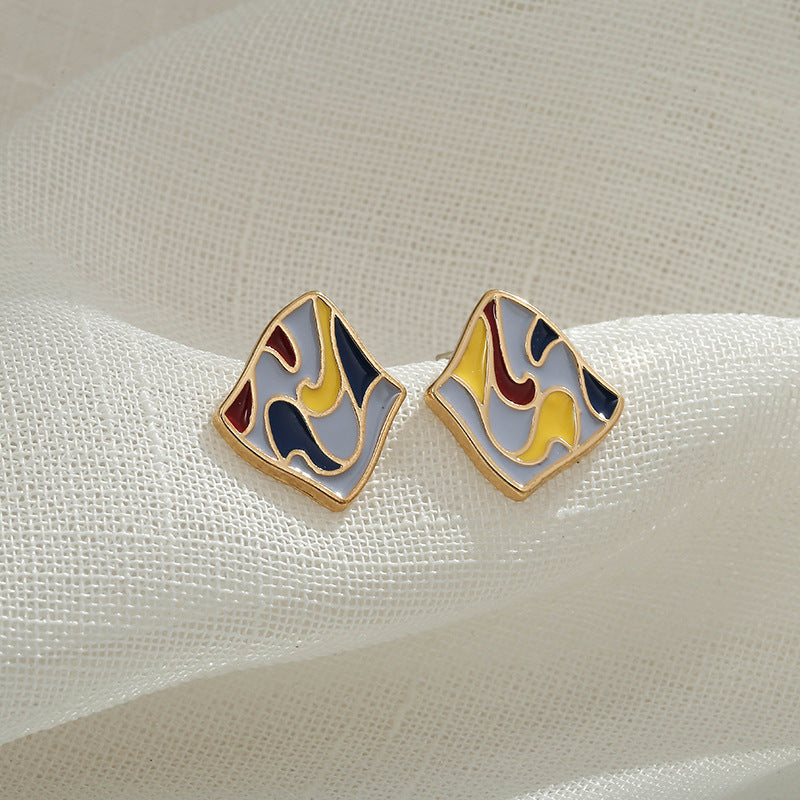 Artistic Vintage Court Style Sterling Silver Needle Stud Earrings Dripping Oil Painted