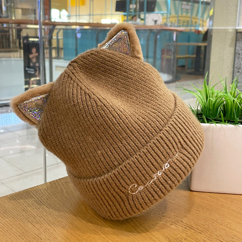 Cute Cat Mi Ear Wool Double-layer Embroidery Knitted Hat
