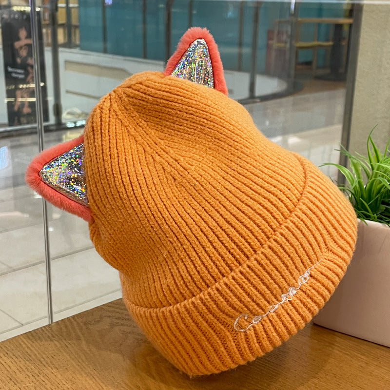 Cute Cat Mi Ear Wool Double-layer Embroidery Knitted Hat