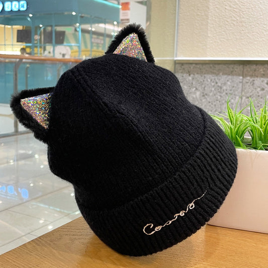 Cute Cat Mi Ear Wool Double-layer Embroidery Knitted Hat