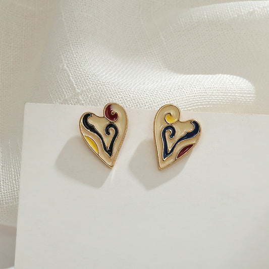 Artistic Vintage Court Style Sterling Silver Needle Stud Earrings Dripping Oil Painted